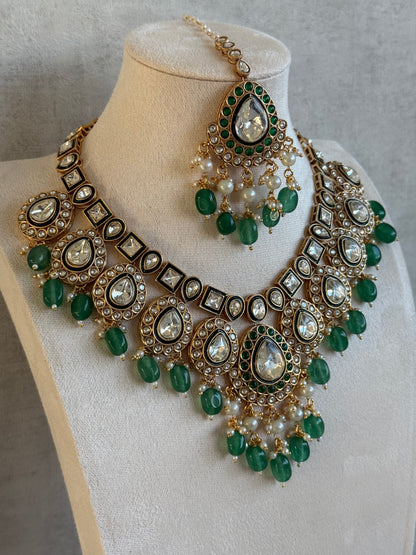 Ayura Designs Ishyat Set with Necklace, Earrings & Tikka – Kundan Detailing, Emerald Green Bead Drops