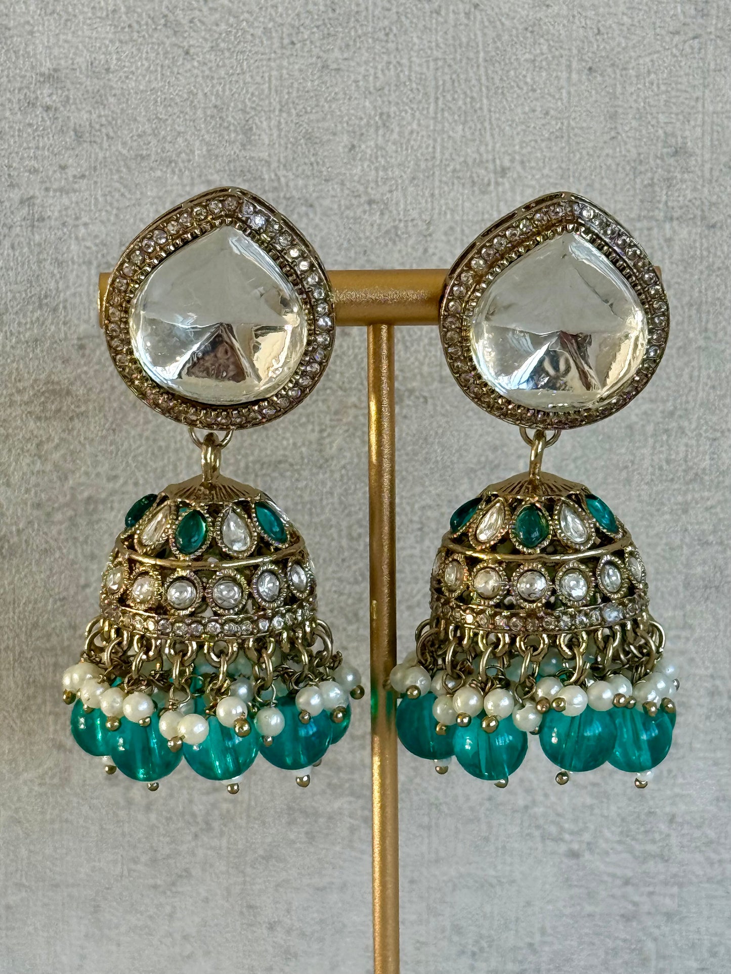 Ayura Designs Brielle Set – Necklace & Jhumkis with Mirror-Cut Stones, Aqua & Deep Teal Beads