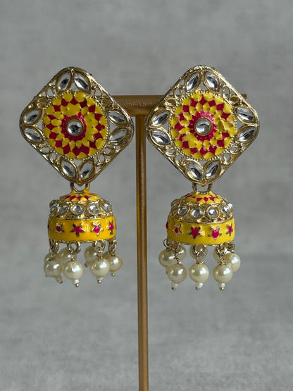 Ayura Designs Rangoli Jhumkis – Marigold Yellow & Hot Pink Meenakari with Pearl Drops in Antique Gold Finish