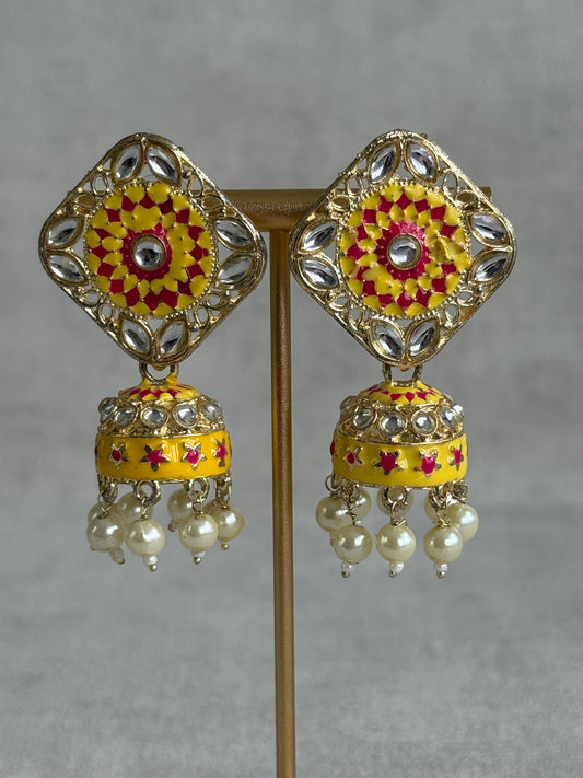 Ayura Designs Rangoli Jhumkis – Marigold Yellow & Hot Pink Meenakari with Pearl Drops in Antique Gold Finish