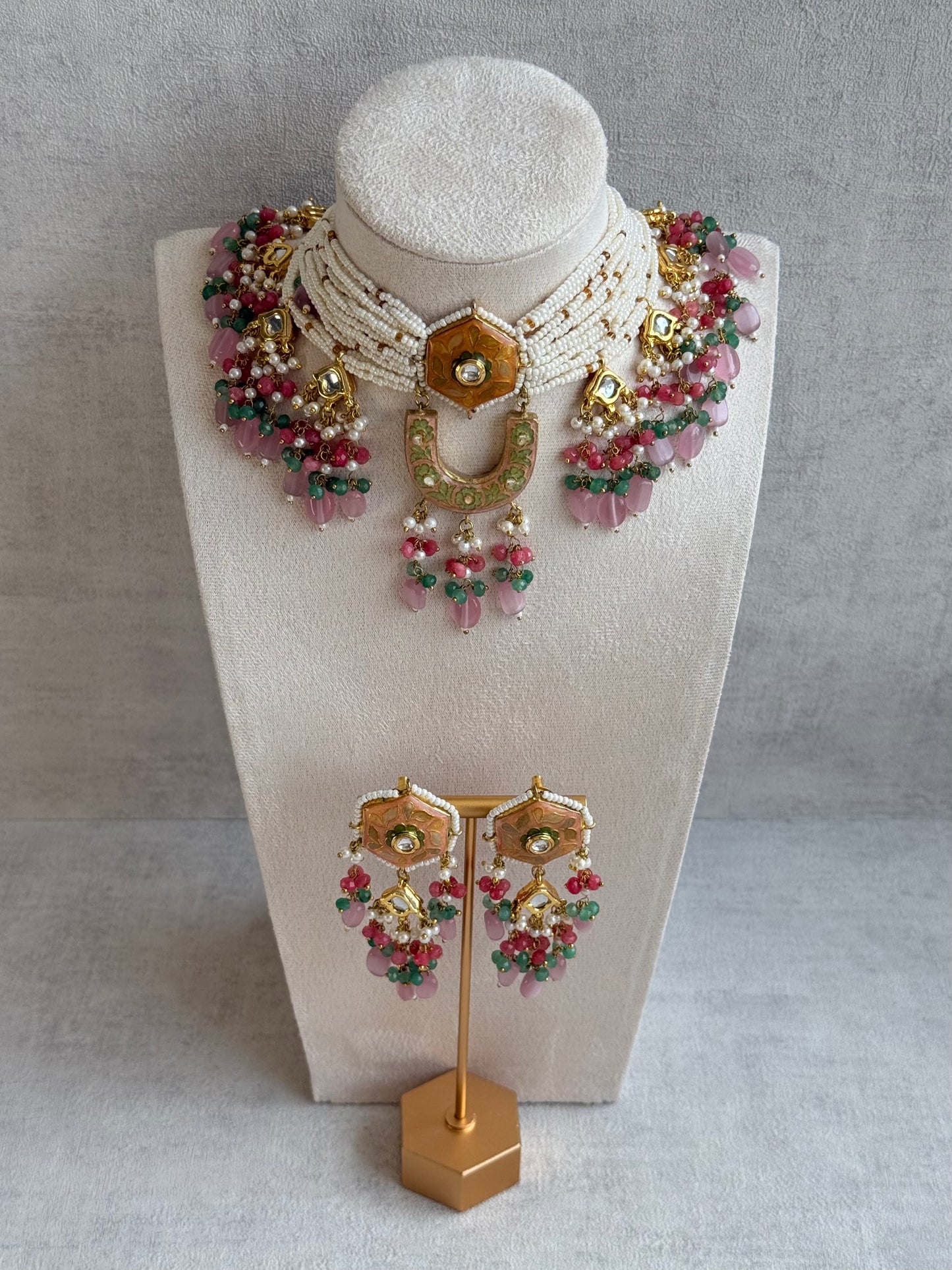 Ayura Designs Elizaar Meenakari Kundan Choker Set with Earrings – Blush Pink & Emerald Green Bead Detailing