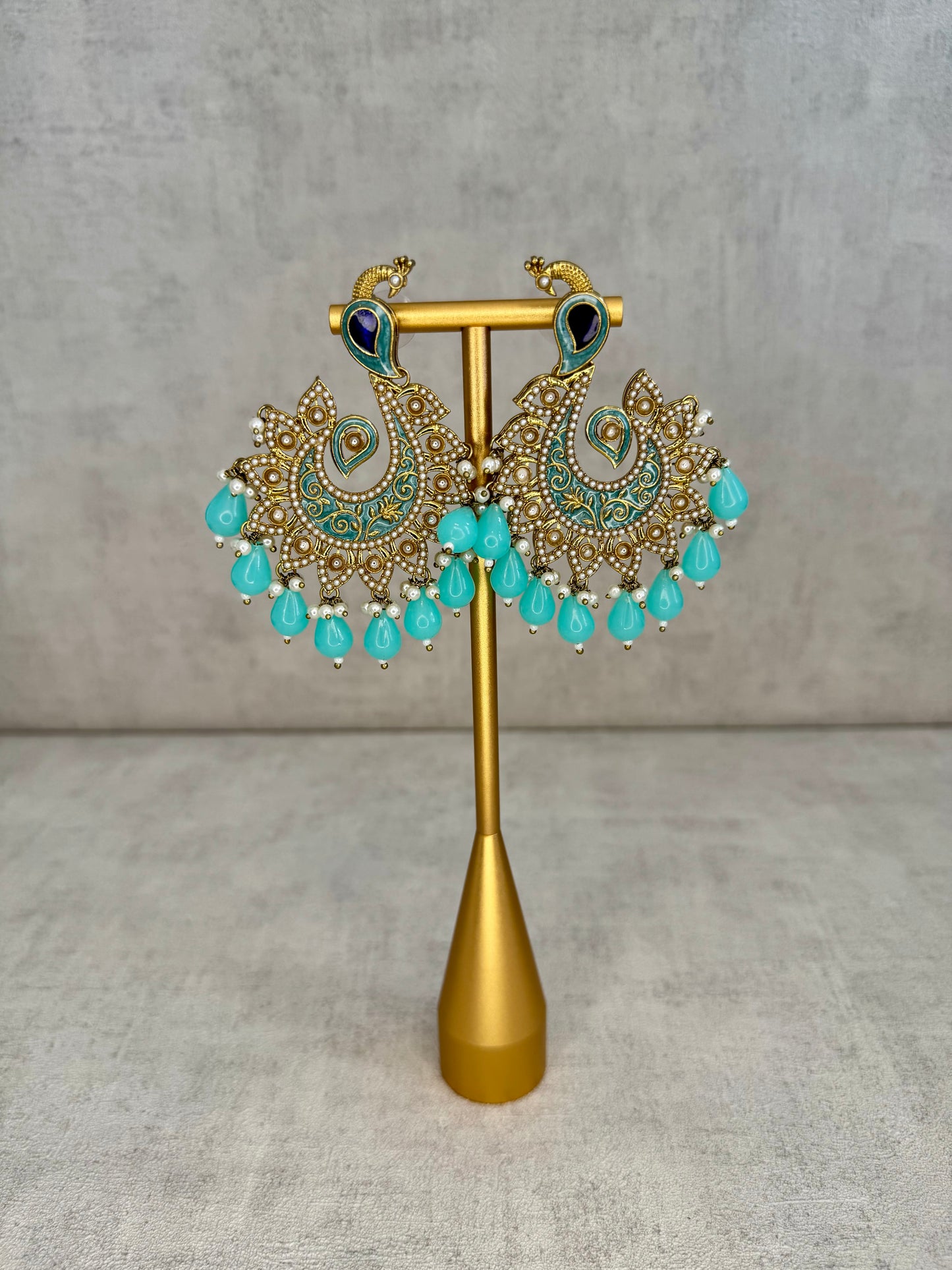 Ayura Designs Moorni Earrings – Peacock-Inspired Chandbalis with Aqua Blue Meenakari, Kundan, and Pearl Accents