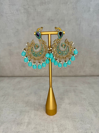 Ayura Designs Moorni Earrings – Peacock-Inspired Chandbalis with Aqua Blue Meenakari, Kundan, and Pearl Accents