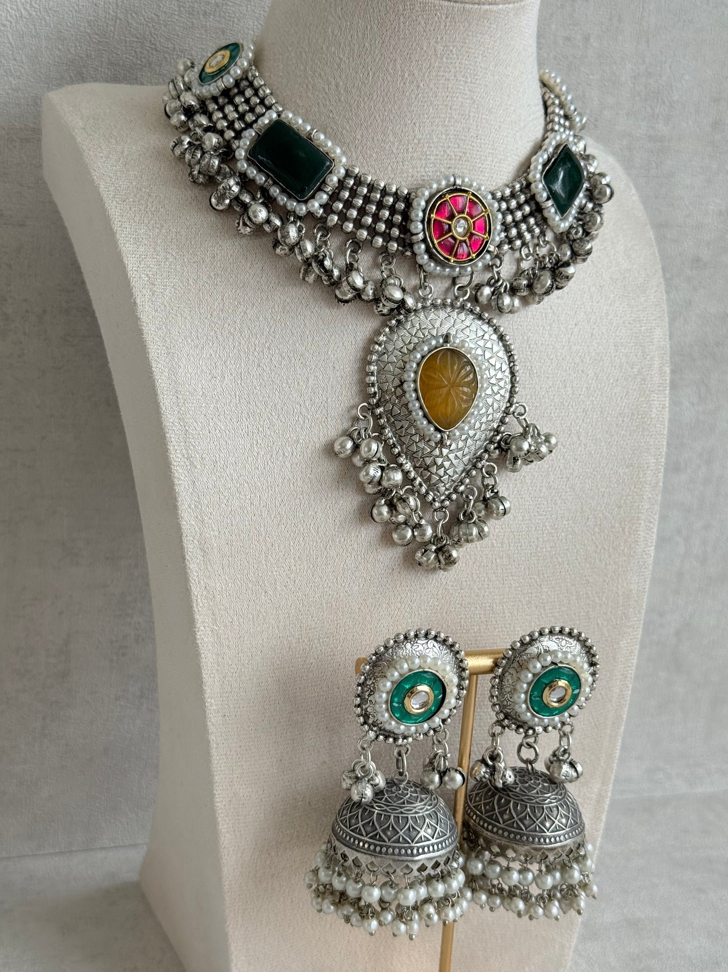 Ayura Designs Izel Necklace Set with Jhumkis – Oxidised Silver Statement Necklace with Multicolour Stones & Ghungroo Detailing