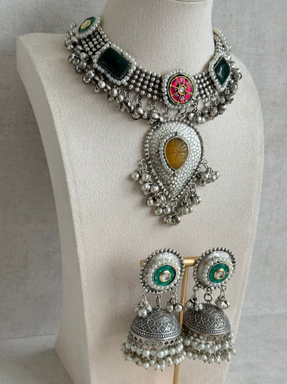 Ayura Designs Izel Necklace Set with Jhumkis – Oxidised Silver Statement Necklace with Multicolour Stones & Ghungroo Detailing
