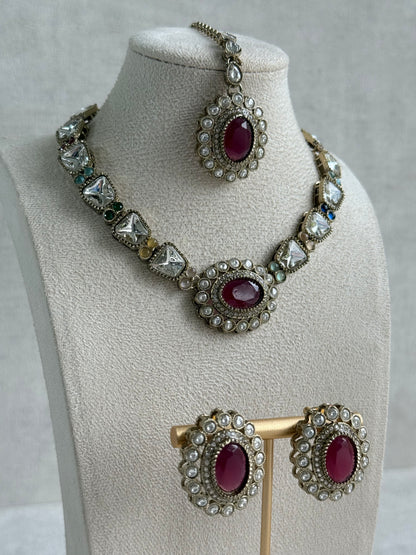 Ayura Designs Inza Necklace Set – Rani Pink, Multicolour Stones, Kundan & Crystals with Antique Gold Finish