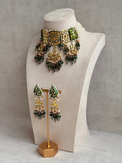 Ayura Designs Rehma Meenakari Kundan Choker Set with Earrings – Emerald Green & Pearl Bead Detailing