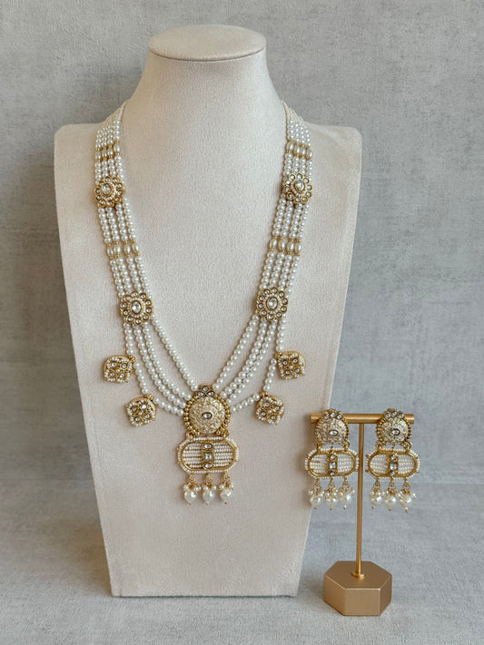 Ayura Designs Krisa Necklace Set with Earrings – Long Kundan Necklace with Pearl Strands & Gold Detailing