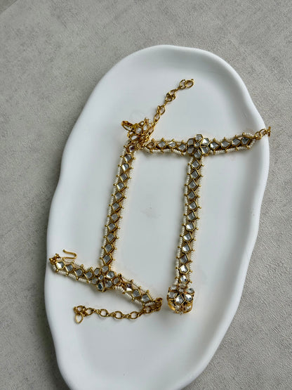 Ayura Designs Yara Haathphool – Mirror-Cut Stones with Pearl Bead Detailing in Antique Gold Finish