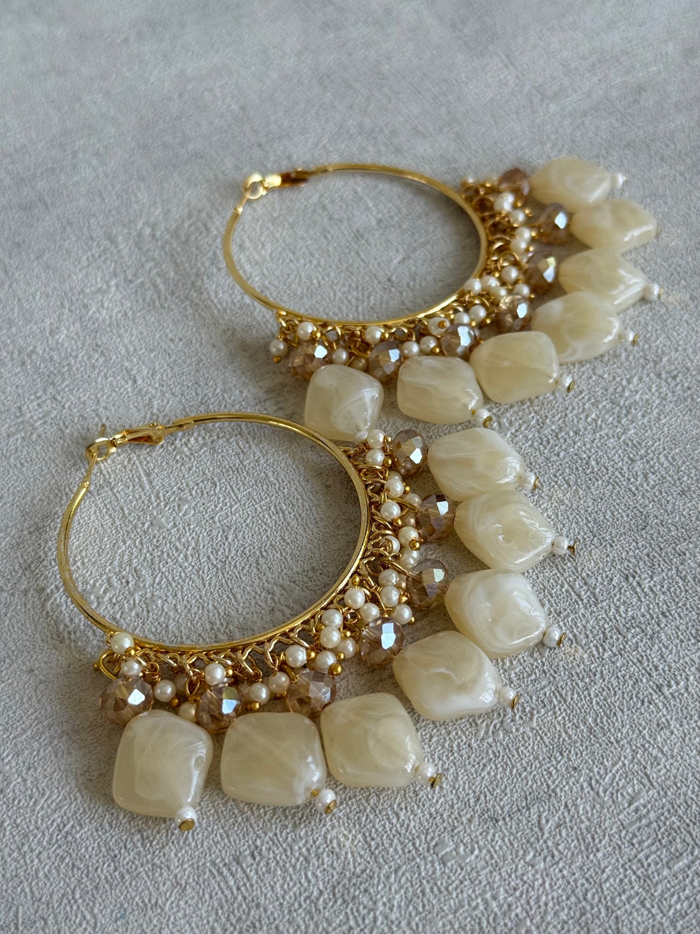 Ayura Designs Heer Balis – Gold Hoops with Ivory Pearl Marble Beads, Pearls & Crystal Detailing