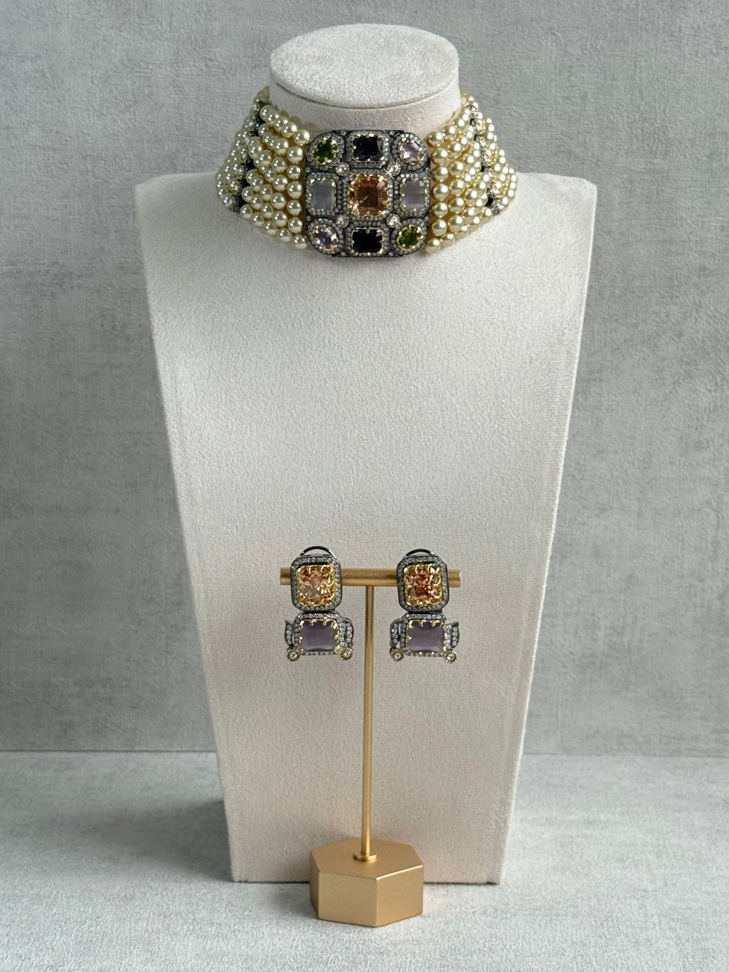 Ayura Designs Amelia Choker Set with Earrings – Moissanite Stonework with Layered Pearls in Antique Silver Finish (Soft Pastel Mix)