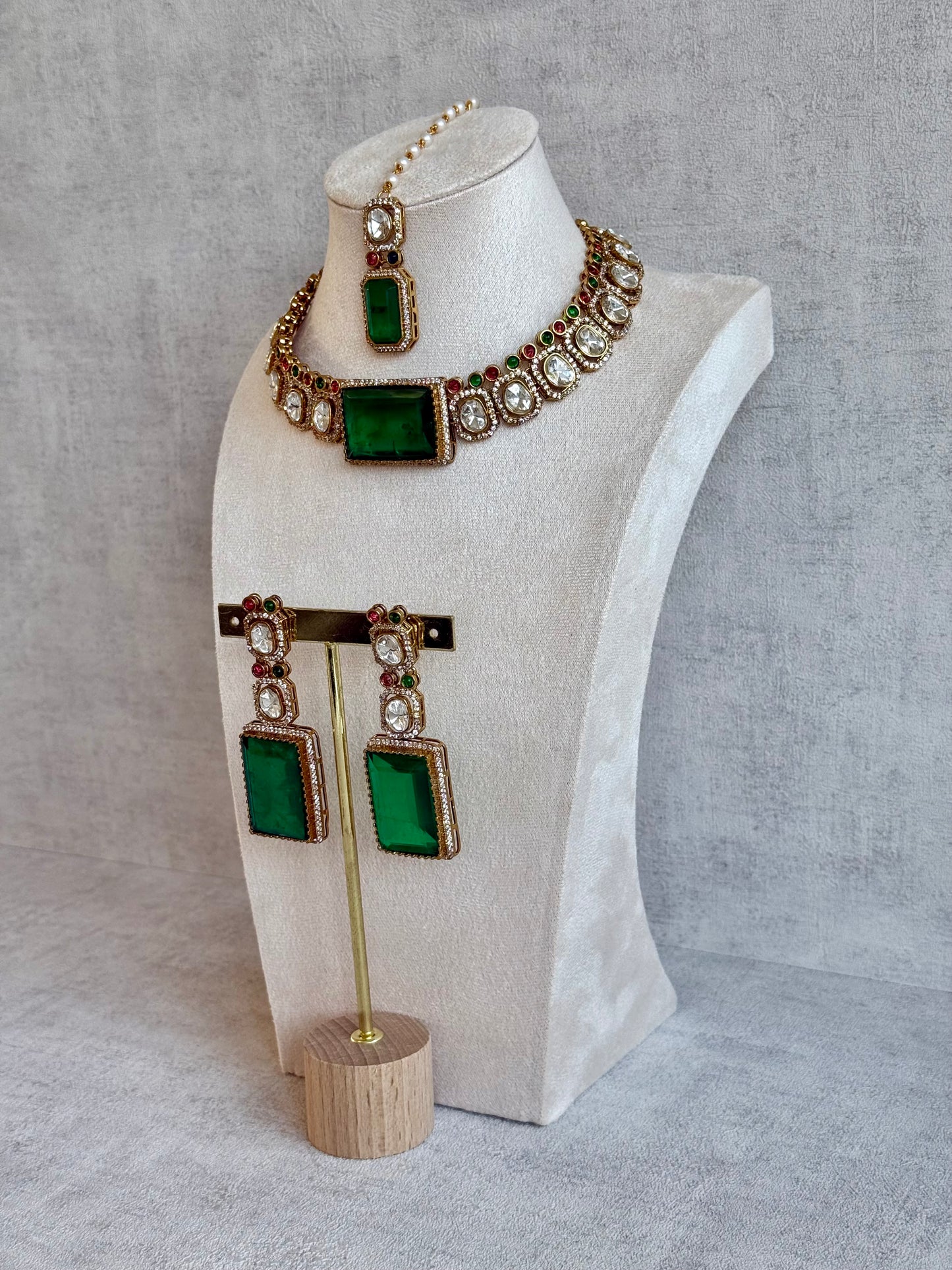 Ayura Designs Clara Set with Earrings & Tikka Emerald Green Moissanite Stones and Antique Gold Finish