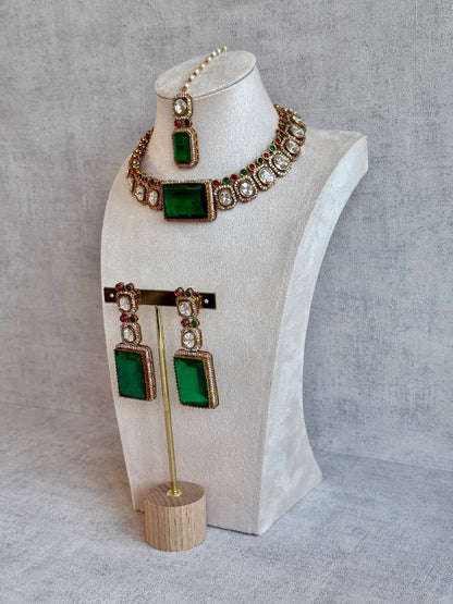 Ayura Designs Clara Set with Earrings & Tikka Emerald Green Moissanite Stones and Antique Gold Finish
