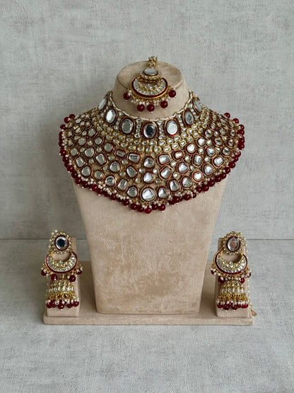 Ayura Designs Gulbadan Bridal Set with Necklace, Jhumkis, Tikka, Nath, Ring & Sheeshphool – Jadau Kundan Craftsmanship with Mirror-Cut Polki, Ruby Red Stones & Antique Gold Finish
