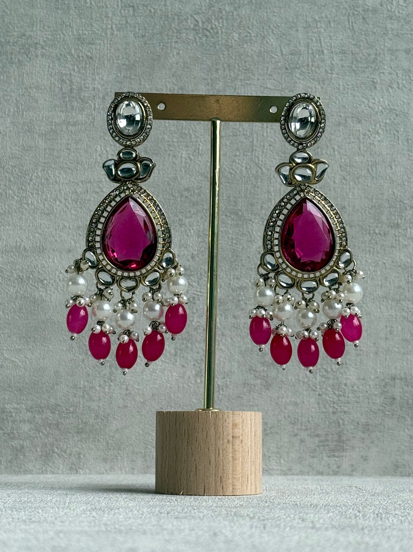 Ayura Designs Nageen Earrings – Antique Gold Jhumkis with Hot Pink Stones, Mirror-Cut Accents & Pearl Drops