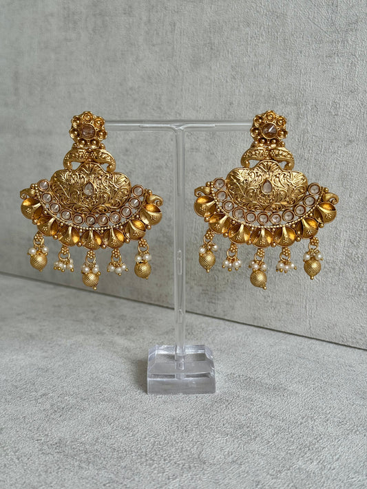 Ayura Designs Neera Earrings in Antique Gold with Mirror-Cut Polki & Pearls