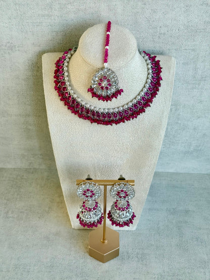 Ayura Designs Saima Set – Necklace, Jhumkis & Tikka in Fuchsia Pink with Silver Finish