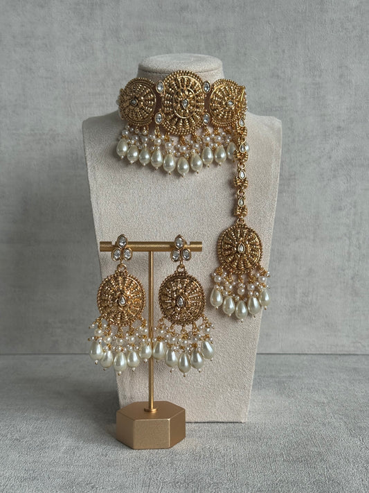 Ayura Designs Tanveer Choker Set with Earrings & Tikka – Antique Gold with Mirror-Cut Stones & Ivory Pearl Drops