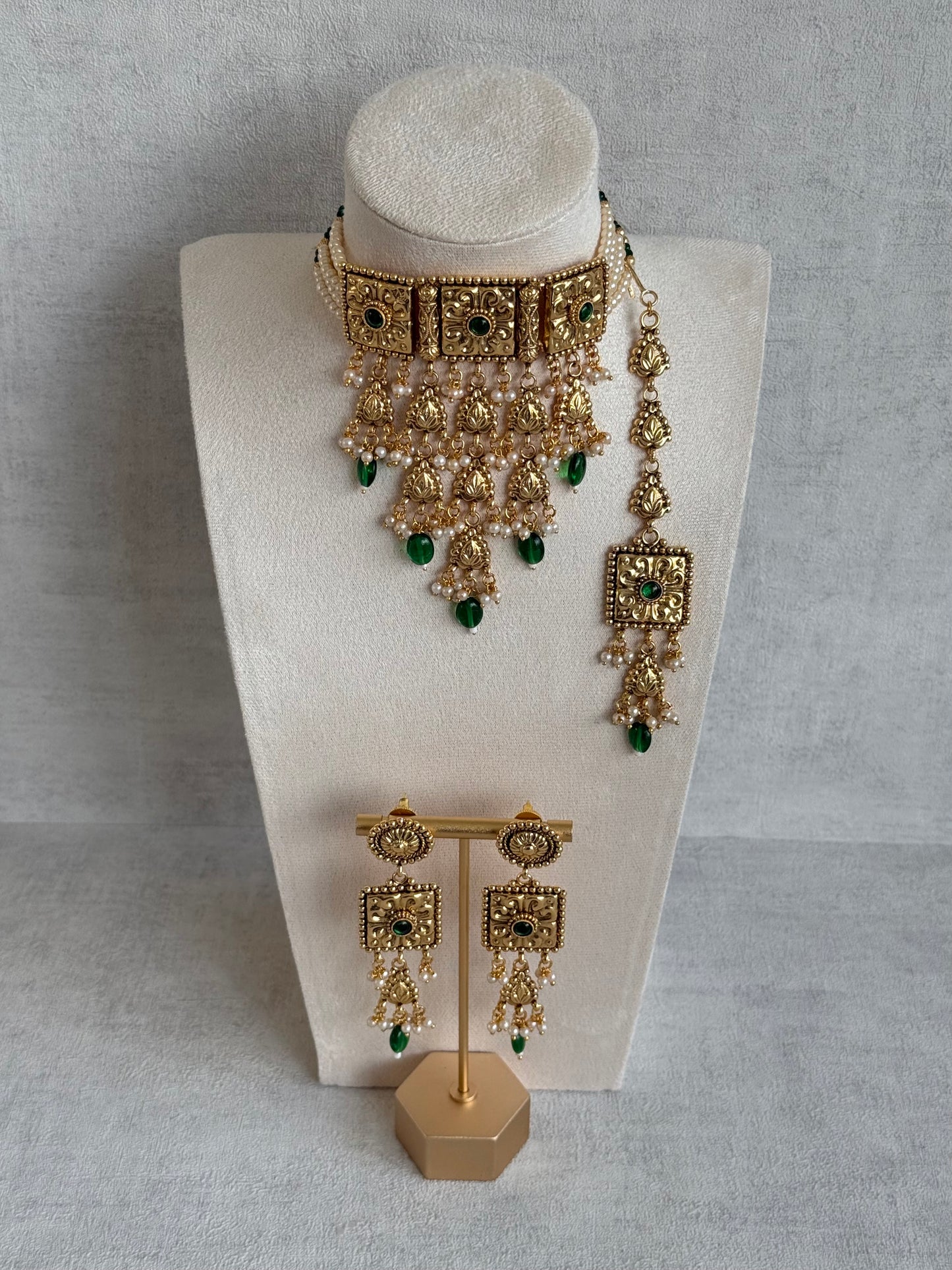 Ayura Designs Nimrah Choker Set with Earrings & Tikka – Emerald Green Gold Tone Waterfall Jewellery Set