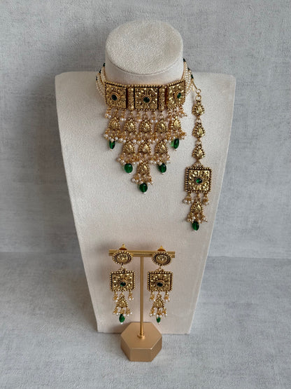 Ayura Designs Nimrah Choker Set with Earrings & Tikka – Emerald Green Gold Tone Waterfall Jewellery Set