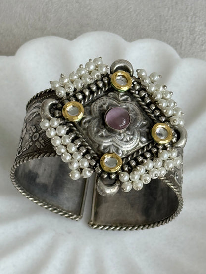Ayura Designs Suhani Adjustable Kashmiri Cuff Bracelet – Pearl Floral Motif with Pink Stone & Kundan Detailing