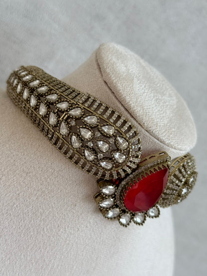 Ayura Designs Ziva Choker Set with Earrings – Ruby Red Teardrop Stone with Moissanite Style Detailing