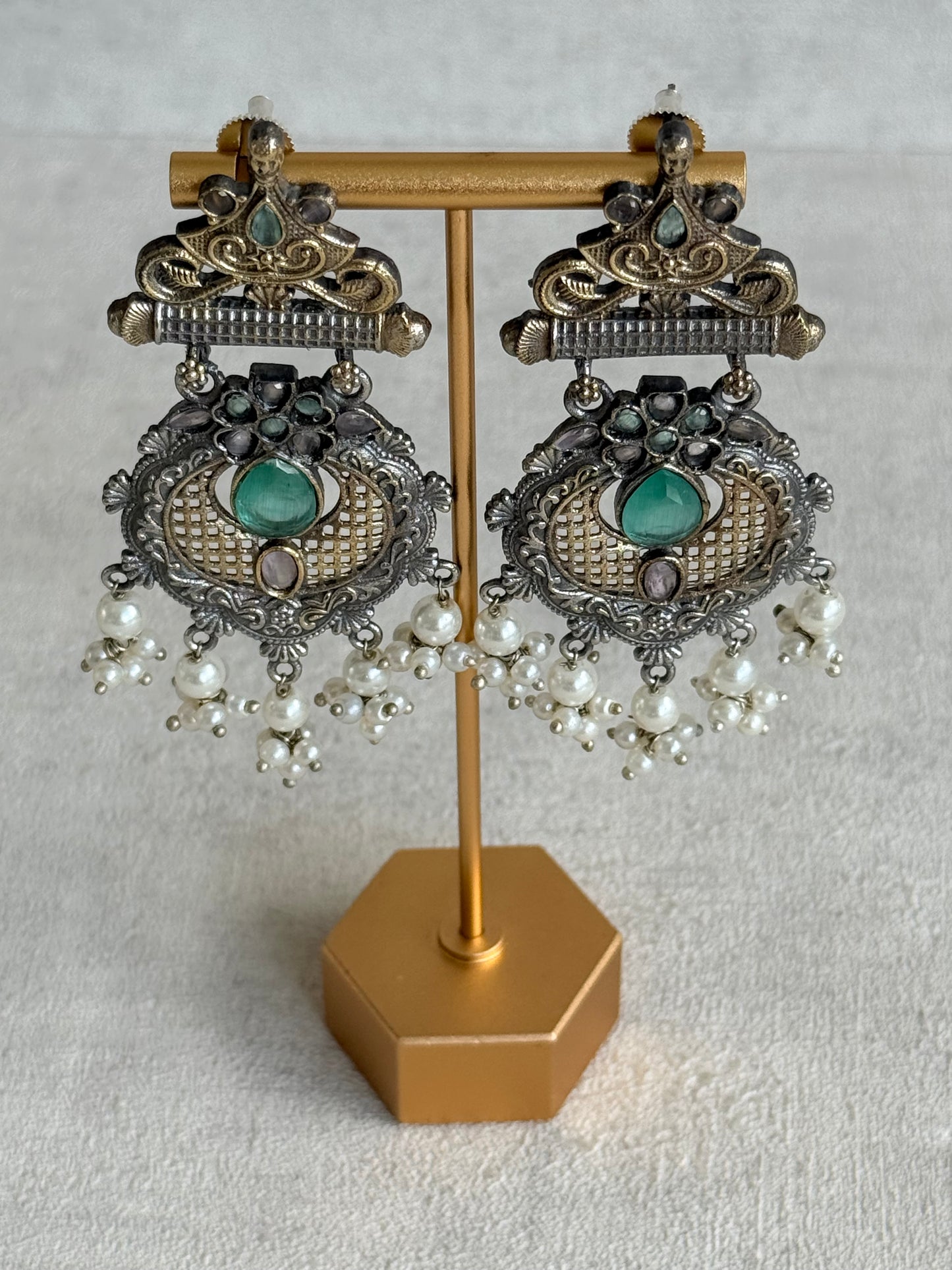 Ayura Designs Haya Earrings – Oxidised Statement Earrings with Aqua & Blush Stone Detailing