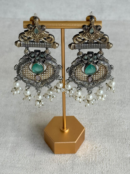 Ayura Designs Haya Earrings – Oxidised Statement Earrings with Aqua & Blush Stone Detailing