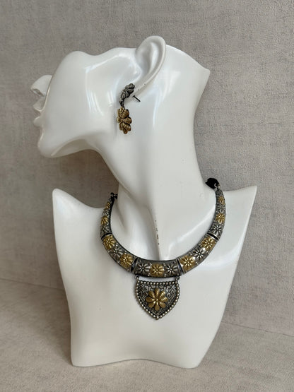 Ayura Designs Andaaz Set with Earrings – Dual Tone Oxidised Floral Necklace Set