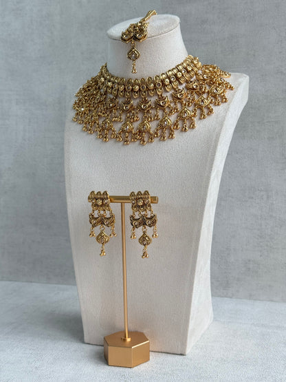 Ayura Designs Sifat Bridal Set with Earrings & Tikka – Antique Gold Kundan Waterfall Design with Paisley & Ghungroo Drops