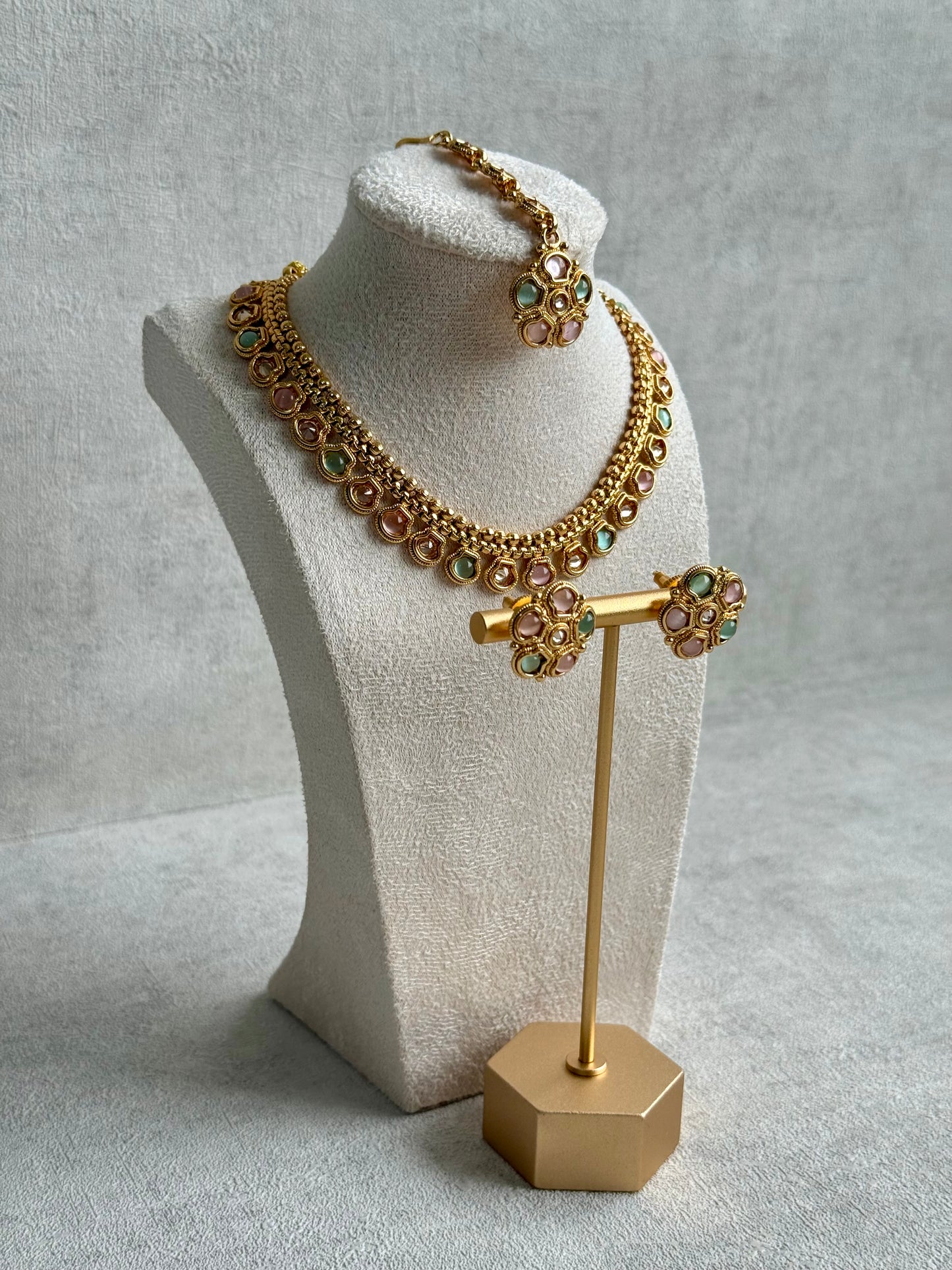 Ayura Designs Amala Set with Necklace, Studs & Tikka – Blush Pink & Pistachio Green Stones, Antique Gold Finish