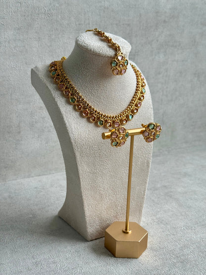 Ayura Designs Amala Set with Necklace, Studs & Tikka – Blush Pink & Pistachio Green Stones, Antique Gold Finish