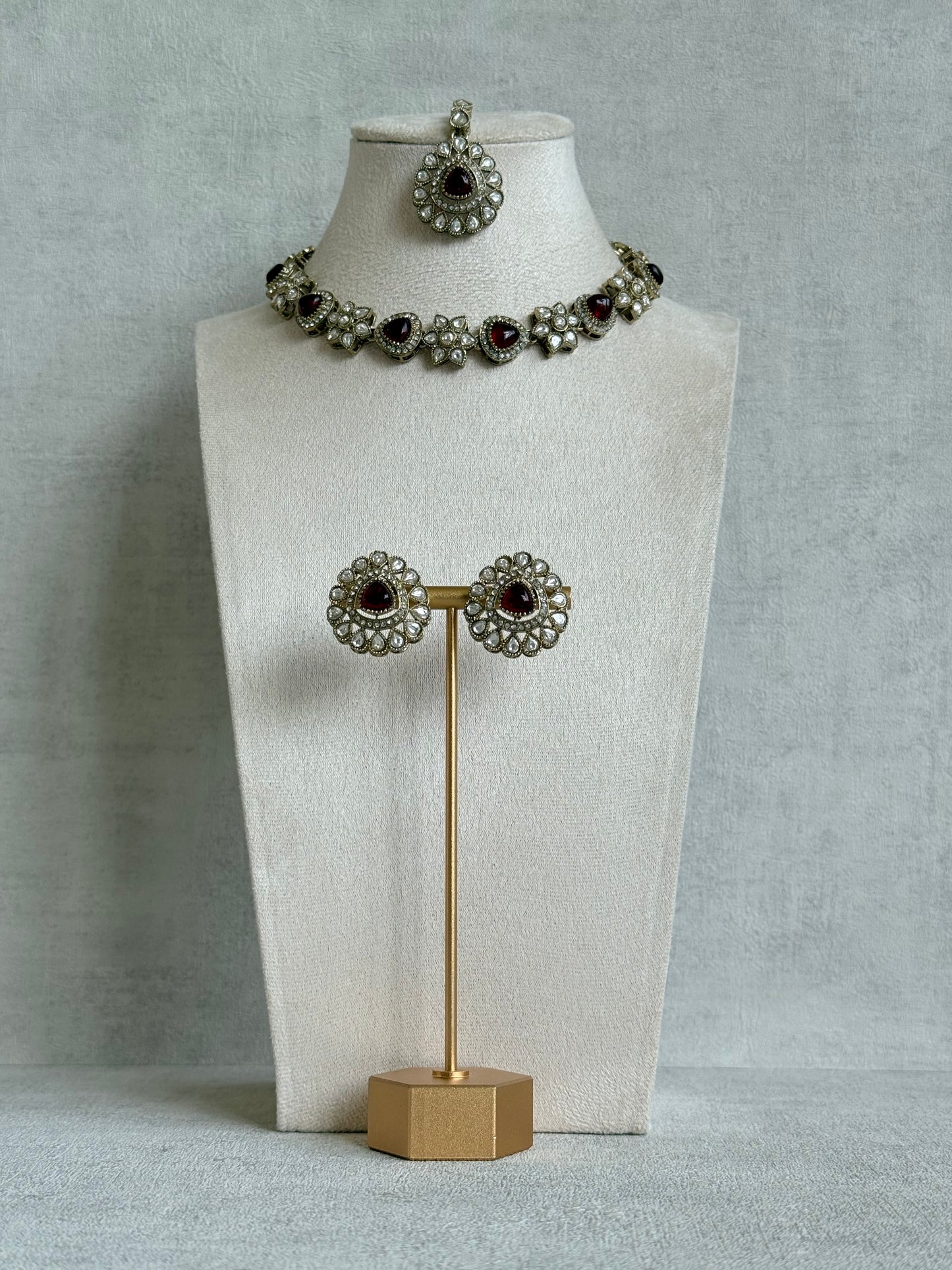Ayura Designs Ivy Necklace Set with Studs & Tikka – Ruby Red Kundan Detailing