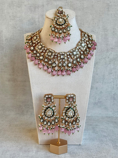 Ayura Designs Ishrat Set with Necklace, Earrings & Tikka – Kundan Detailing, Pearl Drops & Blush Pink Beads