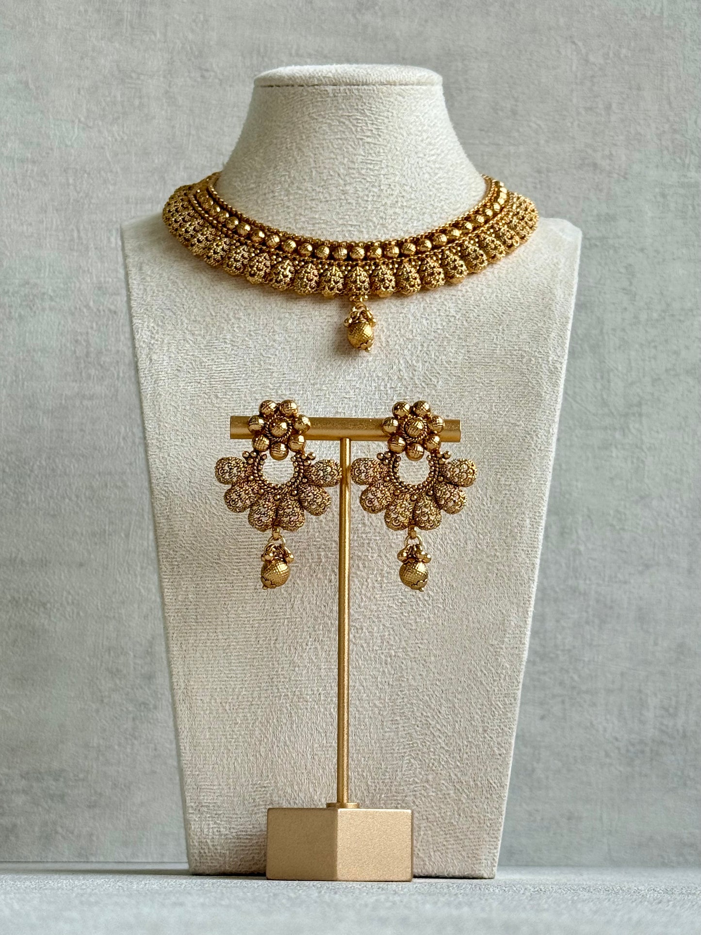 Ayura Designs Chirag Necklace Set with Earrings – Matte Gold Textured Dome Drops