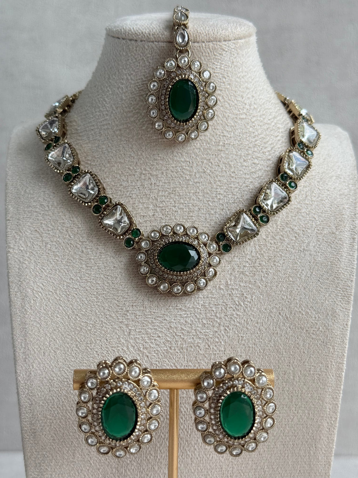 Ayura Designs Inza Necklace Set – Emerald Green Stones, Kundan & Crystals with Antique Gold Finish