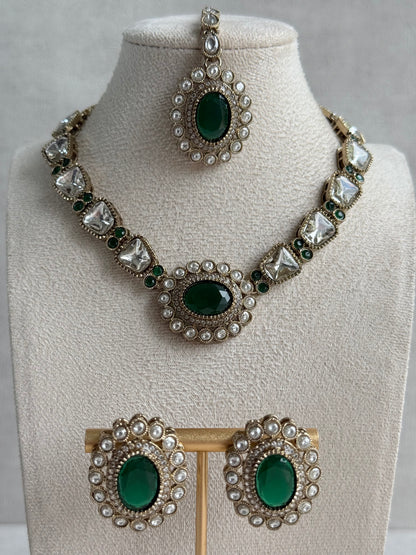 Ayura Designs Inza Necklace Set – Emerald Green Stones, Kundan & Crystals with Antique Gold Finish