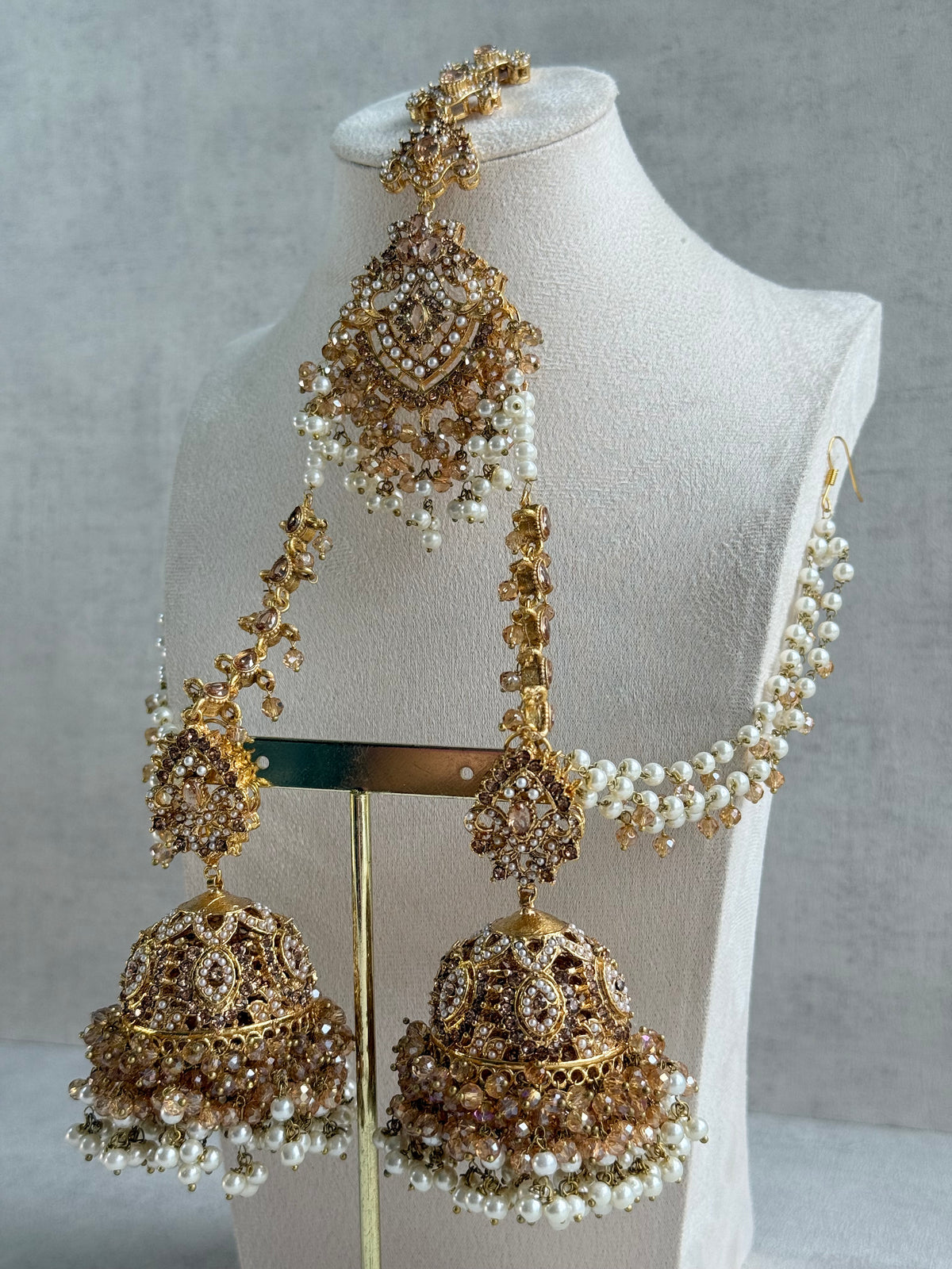 Ayura Designs Safia Tikka Set with Sahare Earrings – Champagne Gold Beads & Pearls