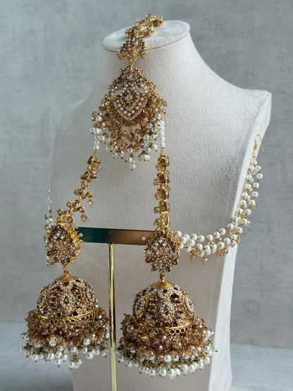 Ayura Designs Safia Tikka Set with Sahare Earrings – Champagne Gold Beads & Pearls