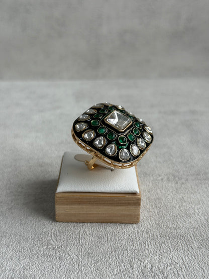Ayura Designs Arzoo Adjustable Ring – Mirror-Cut Stone Centre with Emerald Green Stones, Green Enamel & Crystal Detailing