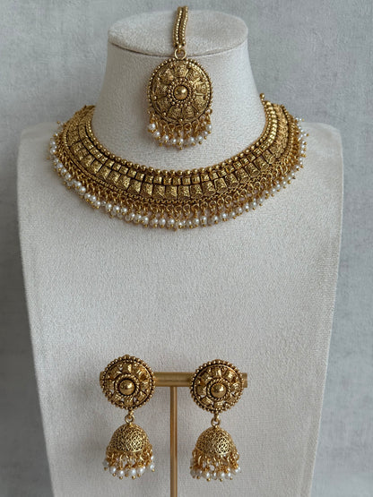 Ayura Designs Iksirat Necklace Set with Jhumkis & Tikka – Gold Heritage Design with Pearl Detailing