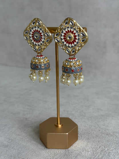 Ayura Designs Rangoli Jhumkis – Slate Grey, Ruby Red & Ivory Meenakari with Pearl Drops in Antique Gold Finish