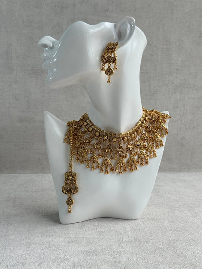 Ayura Designs Sifat Bridal Set with Earrings & Tikka – Antique Gold Kundan Waterfall Design with Paisley & Ghungroo Drops