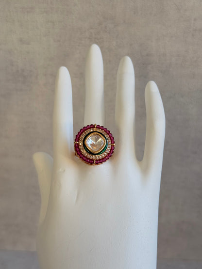 Ayura Designs Roselle Adjustable Ring – Moissanite Centre with Crystal Border & Rani Pink Beads