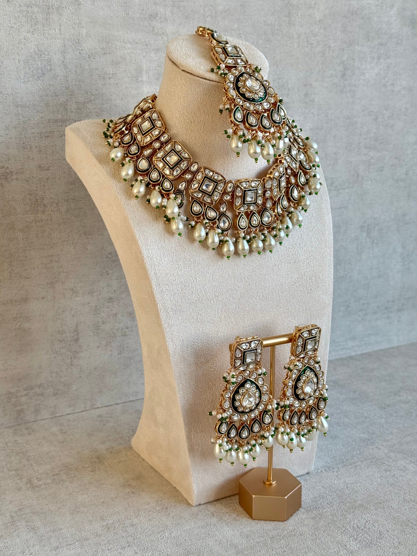 Ayura Designs Ishrat Set with Necklace, Earrings & Tikka – Kundan Detailing & Ivory Pearl Drops