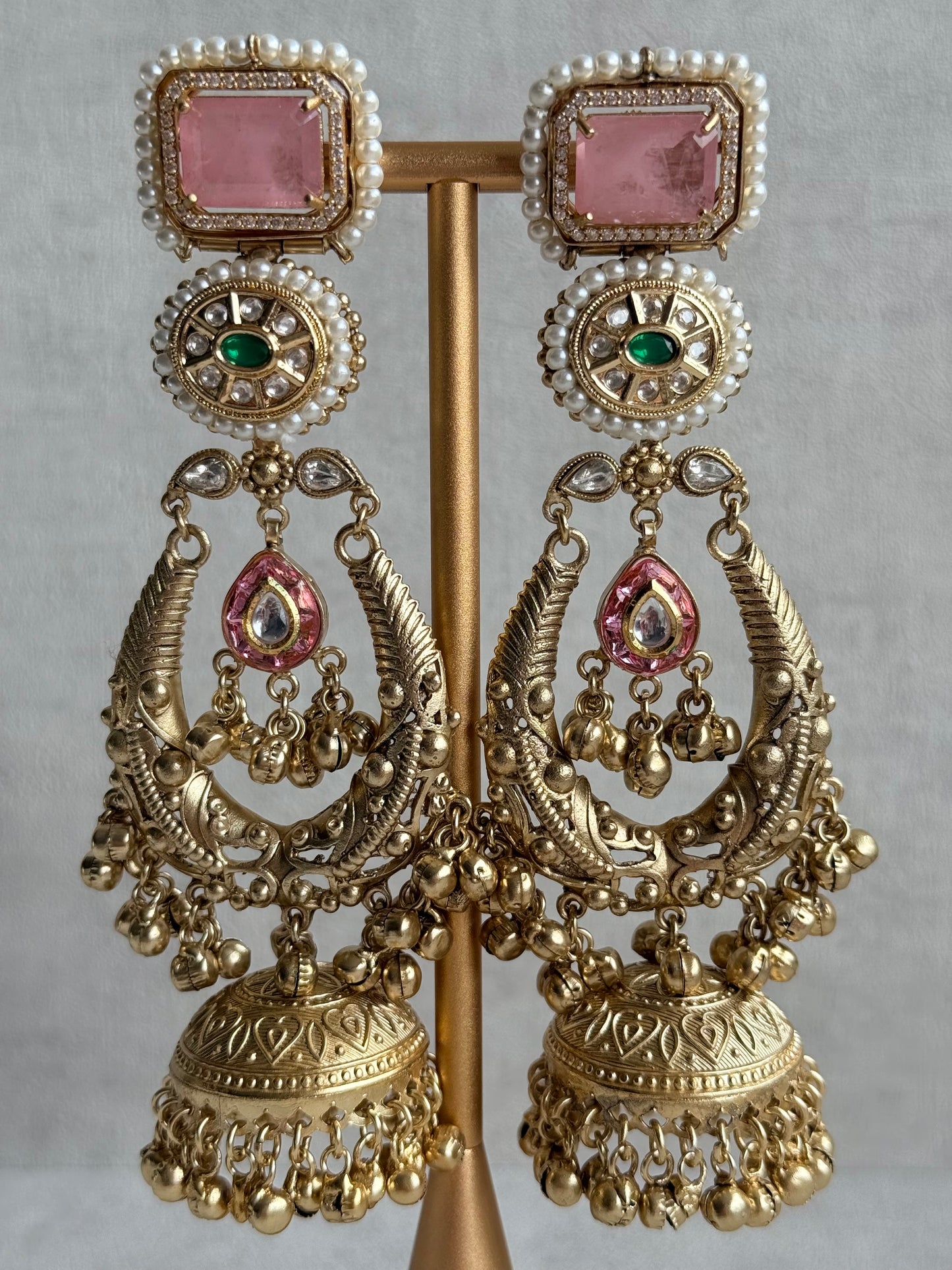 Ayura Designs Zirwa Earrings – Statement Jhumkis with Pink Stones, Green Accents & Pearl Borders & Ghungroos