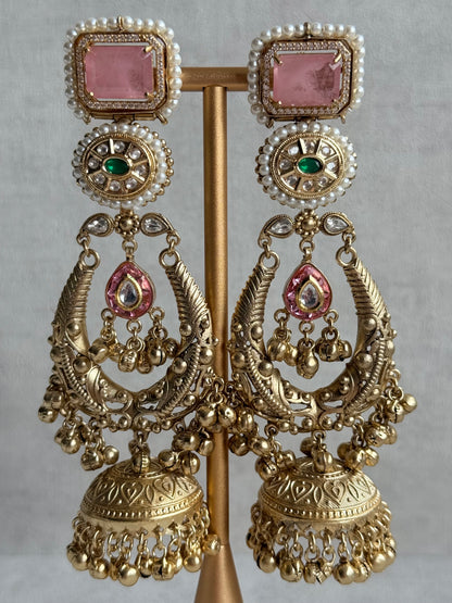 Ayura Designs Zirwa Earrings – Statement Jhumkis with Pink Stones, Green Accents & Pearl Borders & Ghungroos