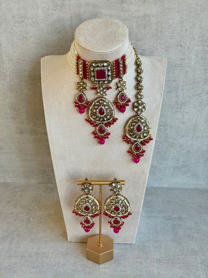 Ayura Designs Zarmeen Choker Set with Earrings & Tikka – Mirror-Cut Stones, Antique Gold Finish and Hot Pink Beads