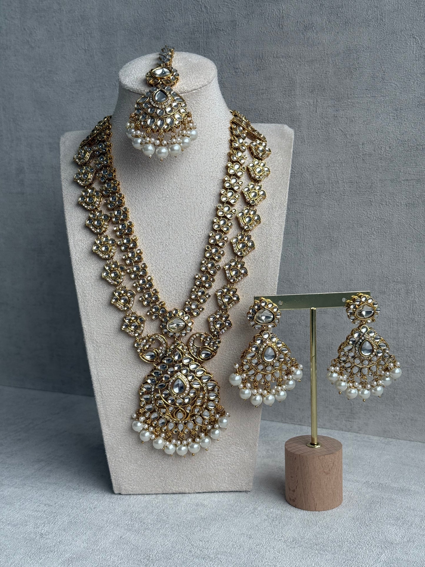 Ayura Designs Javeria Set with Earrings & Tikka – Ivory Pearls, Mirror Kundan & Gold Finish