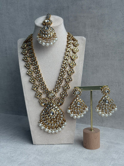 Ayura Designs Javeria Set with Earrings & Tikka – Ivory Pearls, Mirror Kundan & Gold Finish